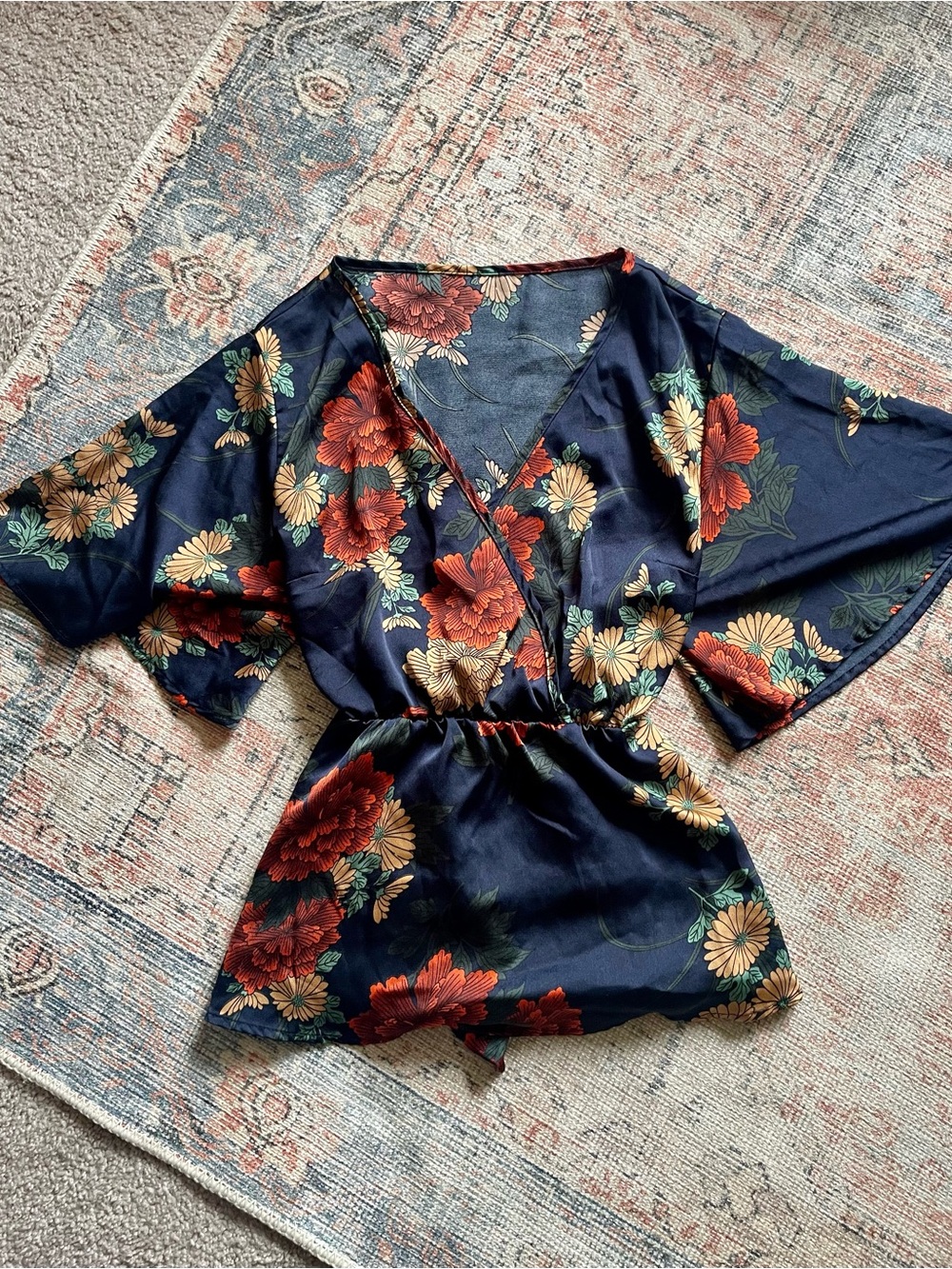 Vintage Women’s XL Floral Satin Kimono Semi Formal Dress Shirt Japan Style VGUC